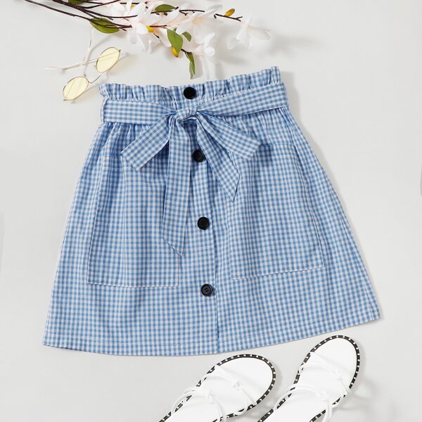 

Gingham Button Front Belted Paperbag Skirt, Blue