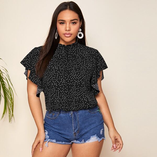 

Plus Polka Dot Butterfly Sleeve Blouse, Black