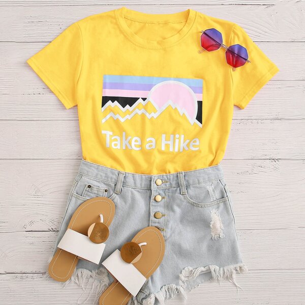 

Slogan And Graphic Tee, Yellow