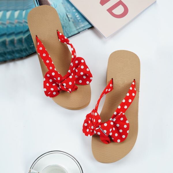 

Polka Dot Bow Decor Toe Post Wedge Mules, Red