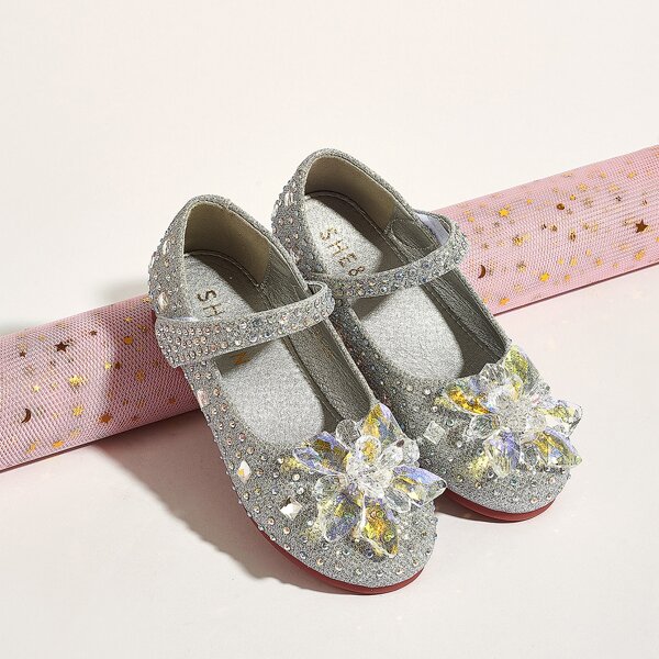 

Toddler Girls Crystal Flower Decor Rhinestone Flats, Grey
