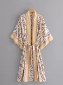 Kimono con estampado de plantas todo sobre cinturón, para vacaciones de verano en la playa