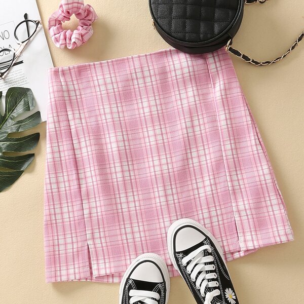 

Split Side Tartan Mini Skirt, Pink