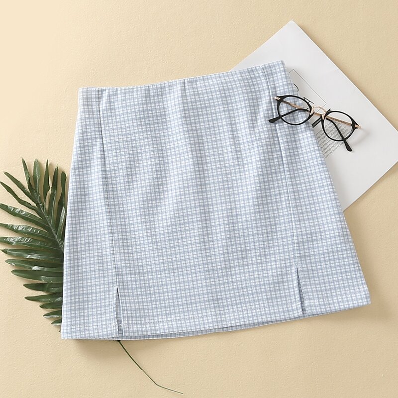 

Split Side Plaid Mini Skirt, Blue