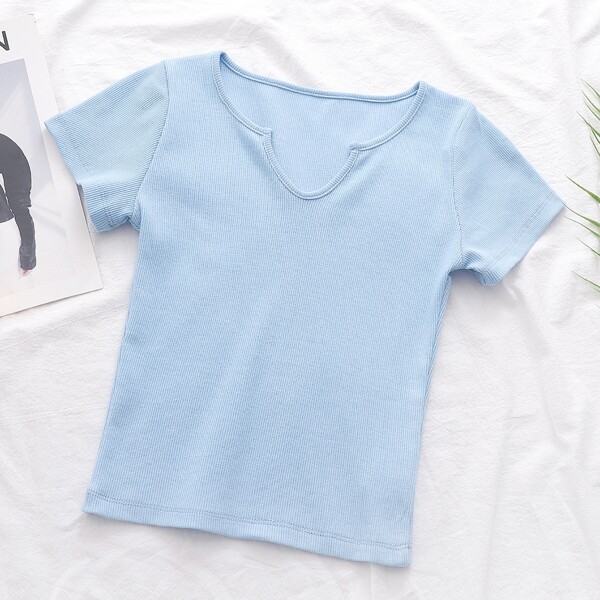 

Notched Neck Solid Fitted Tee, Blue
