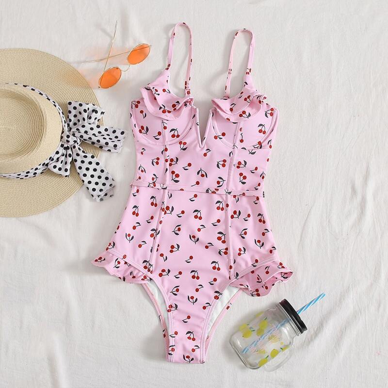 

Cherry Print V Wired Ruffle One Piece Swimsuit, Pink