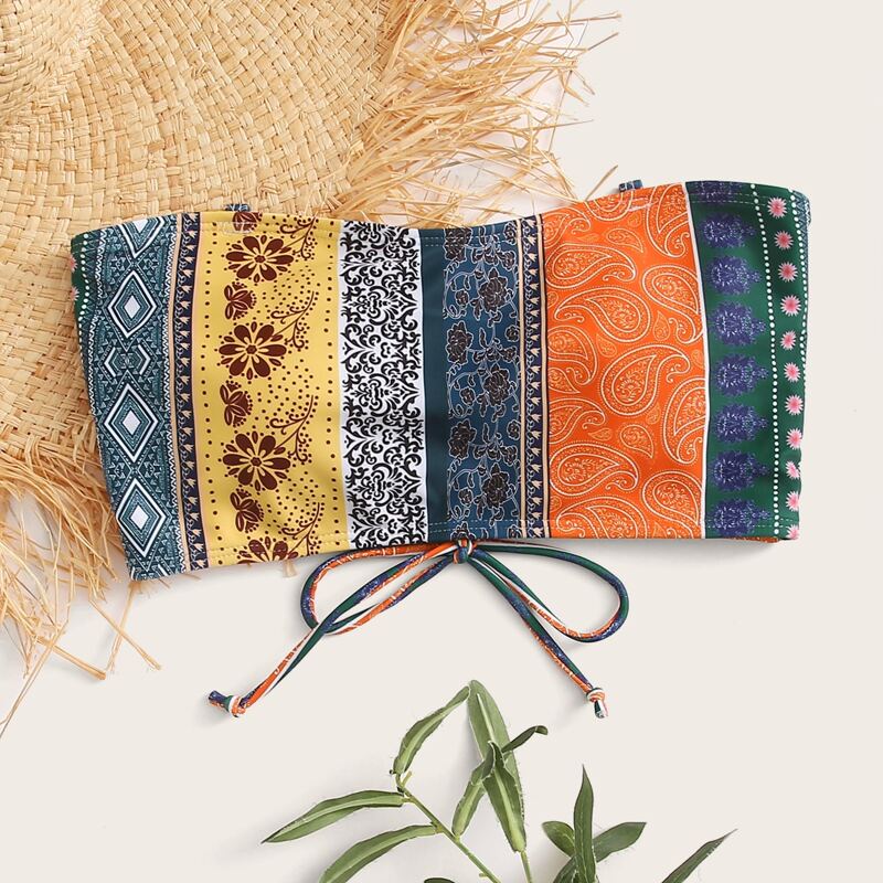 

Tribal Lace-up Back Bandeau Bikini Top, Multicolor