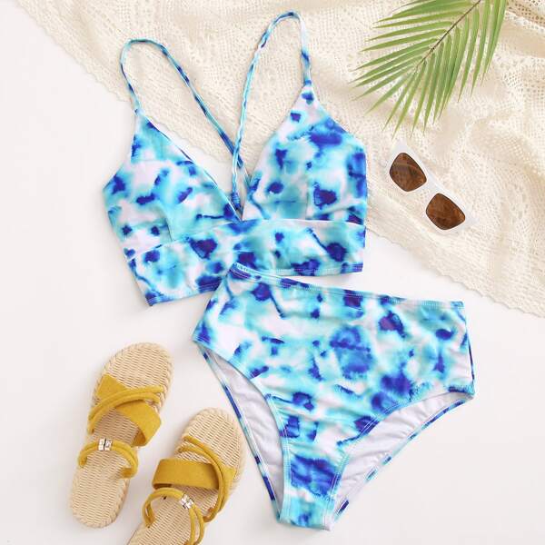 

Tie Dye High Waisted Bikini Swimsuit, Blue