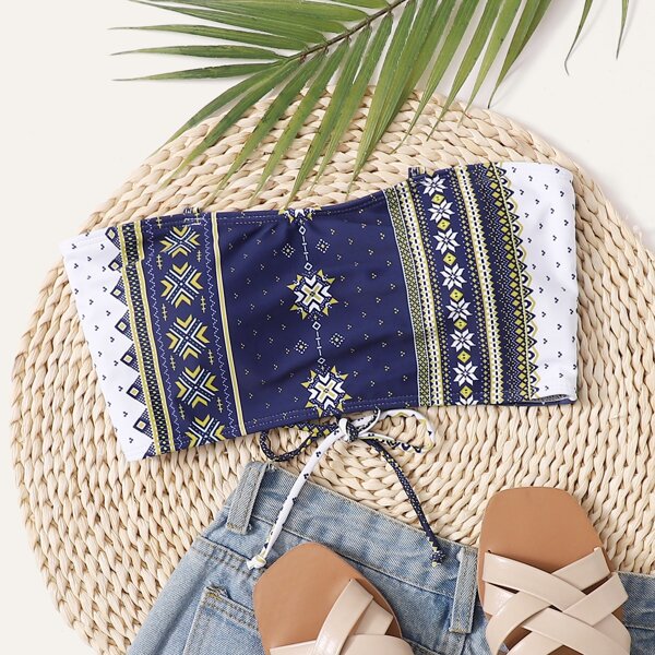 

Tribal Lace-up Back Bandeau Bikini Top, Navy blue