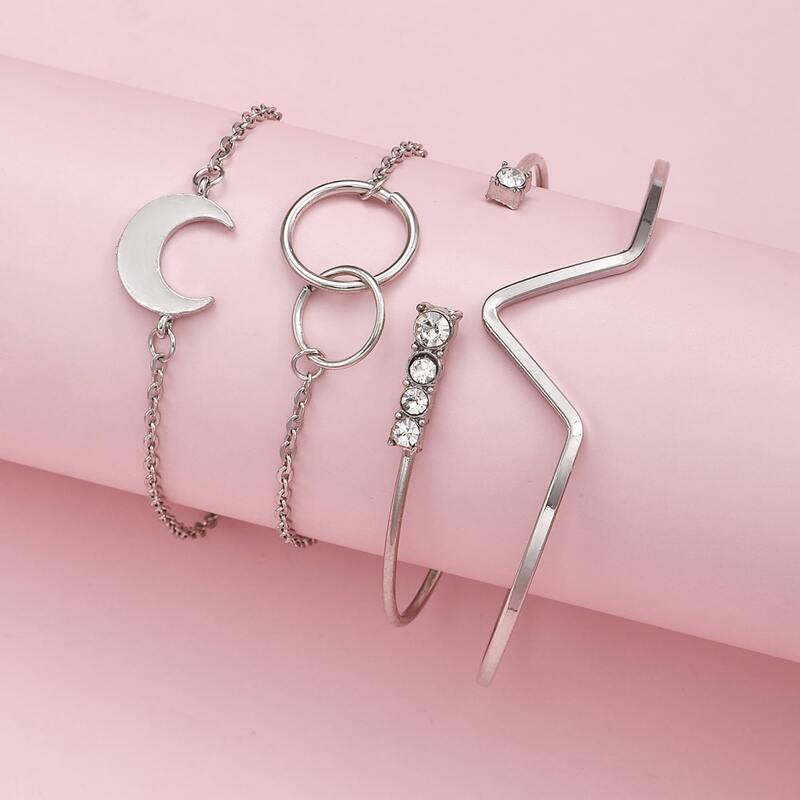 

4pcs Moon & Hoop Detail Bracelet Set, Silver