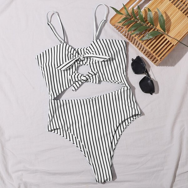 

Striped Cut-out Knot Front One Piece Swimsuit, Black and white