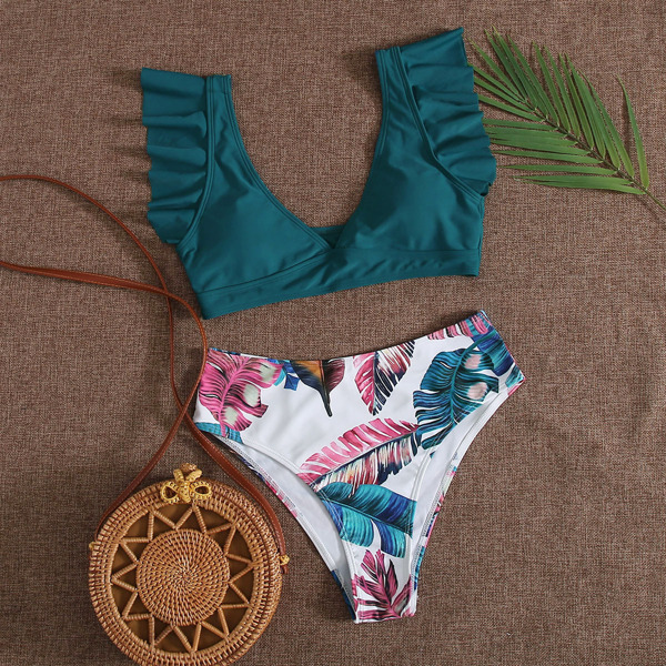 

Tropical Ruffle High Waisted Bikini Swimsuit, Multicolor