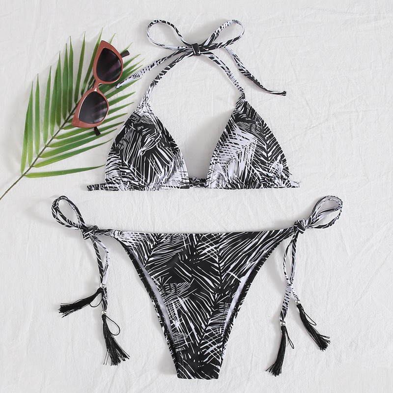 

Palm Print Triangle Tie Side Bikini Swimsuit, Black and white