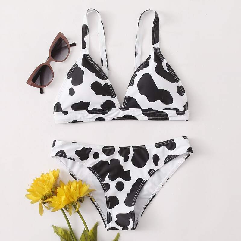 

Cow Print Low Rise Bikini Swimsuit, Black and white
