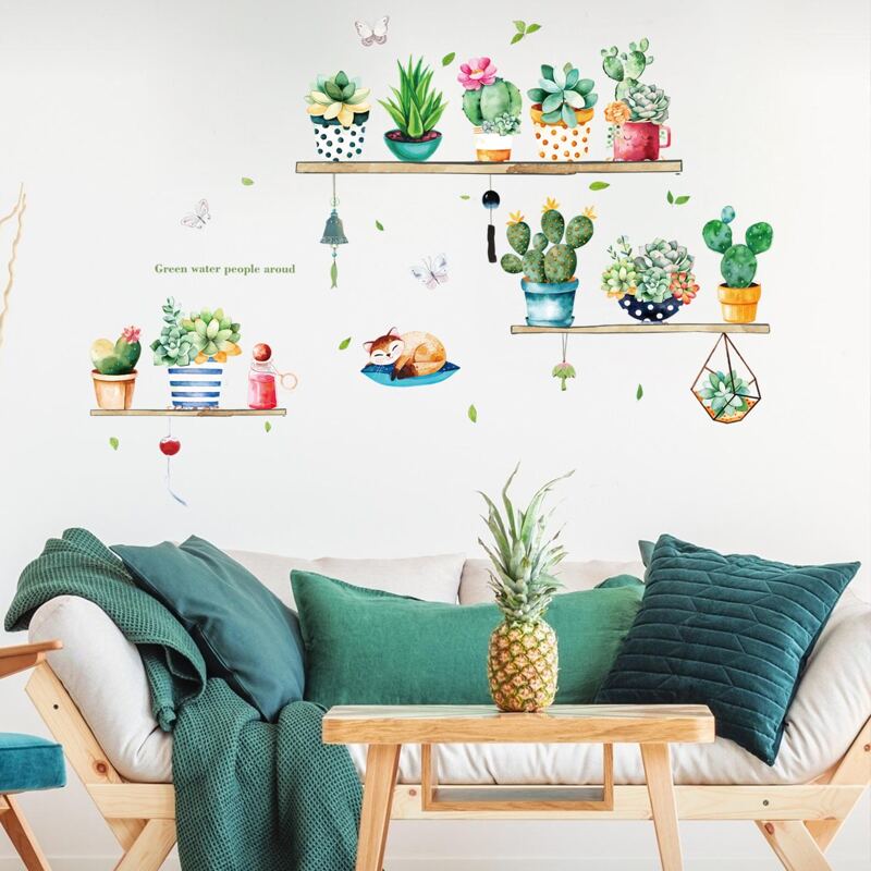 

1sheet Pot Plant Pattern Wall Sticker, Green