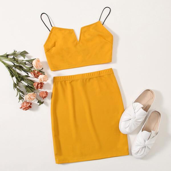 

Notch Neck Crop Cami Top and Skirt Set, Yellow