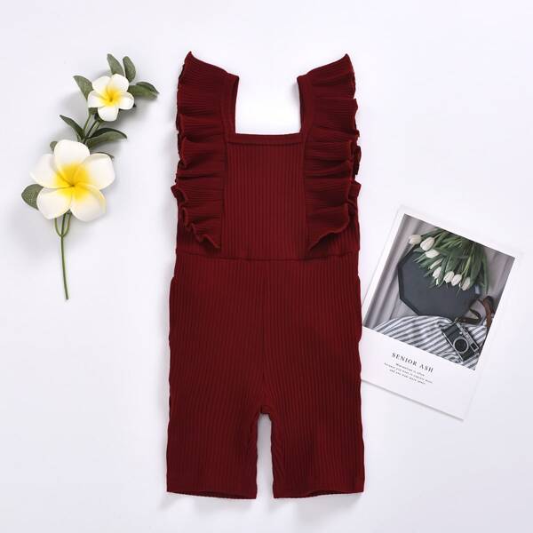 

Toddler Girls Square Neck Ruffle Rib-knit Jumpsuit, Burgundy