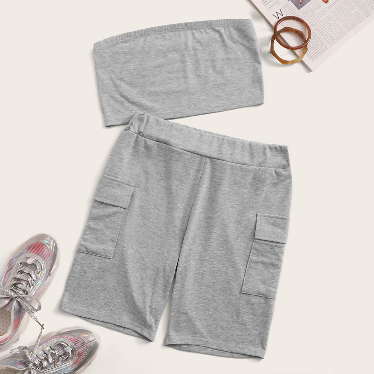 

Tube Top & Cargo Biker Shorts, Grey