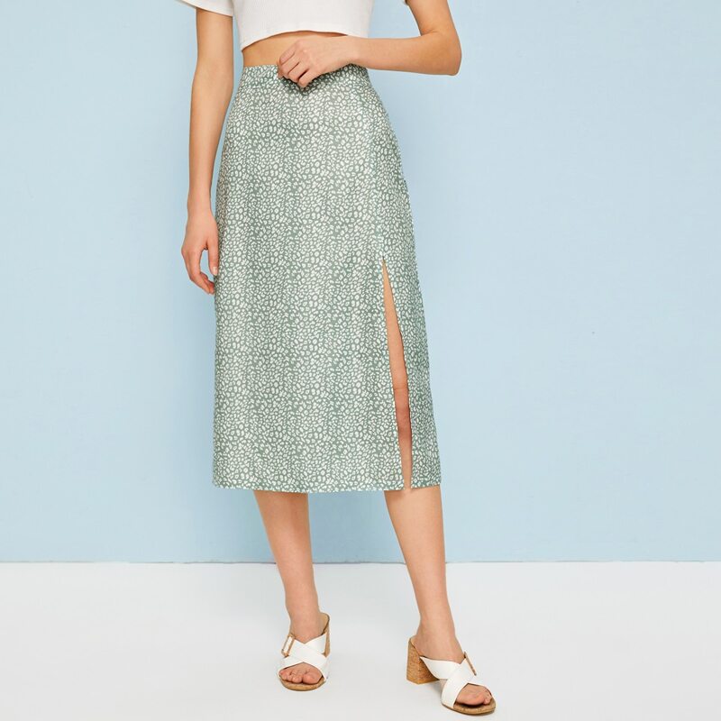 

Allover Print Split Midi Dress, Green