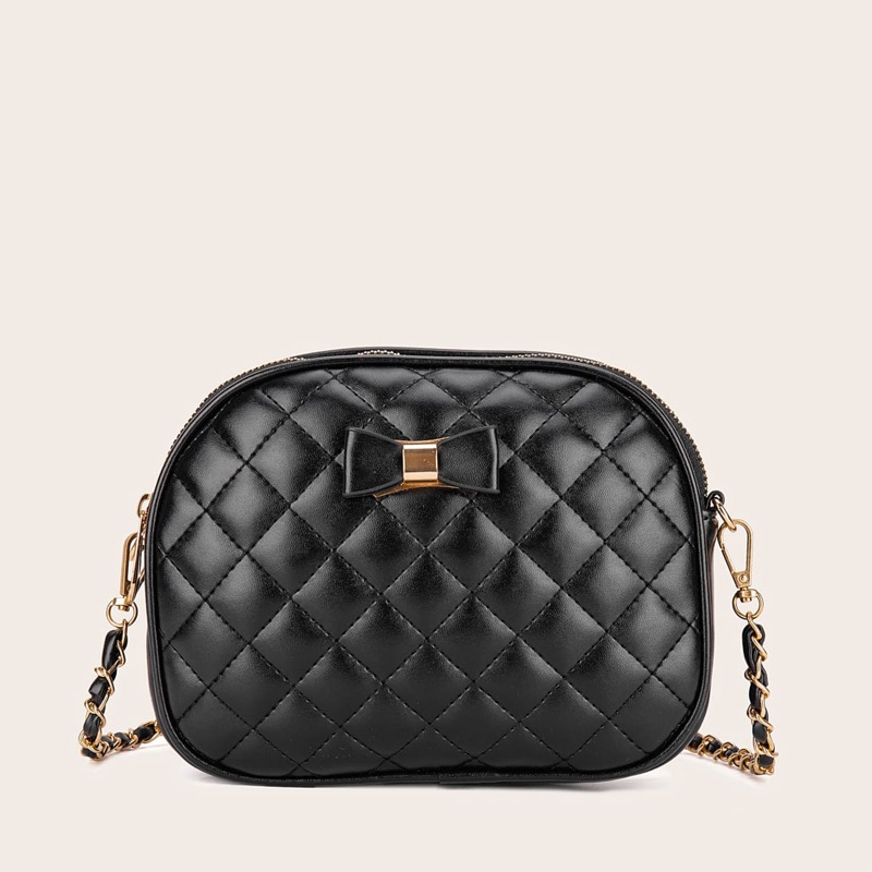 

Bow Decor Quilted Crossbody Bag, Black