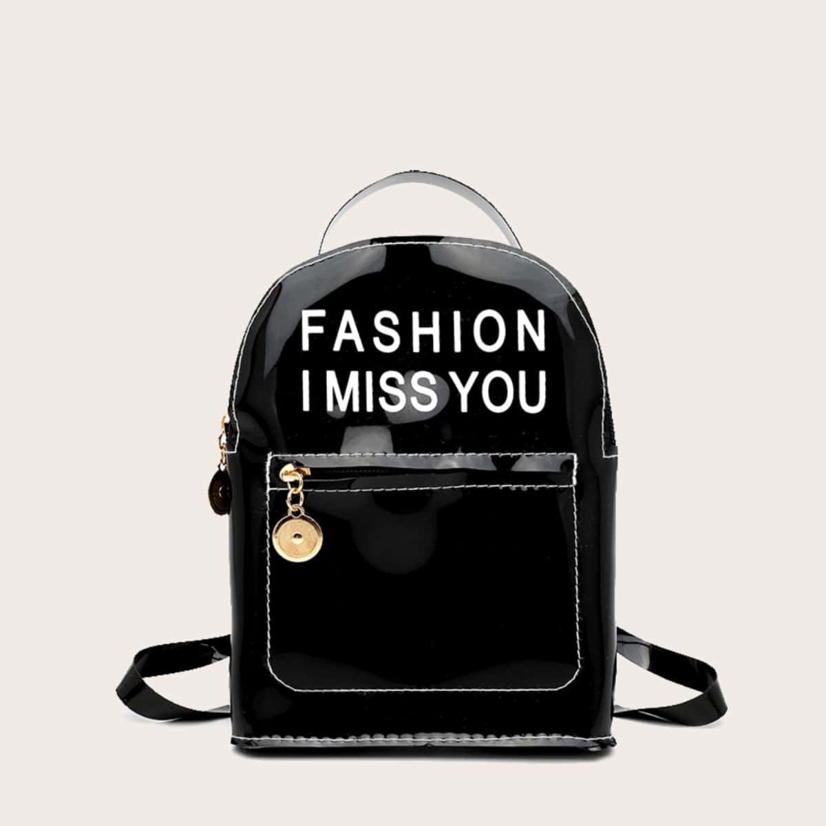 

Clear Letter Graphic Backpack, Black