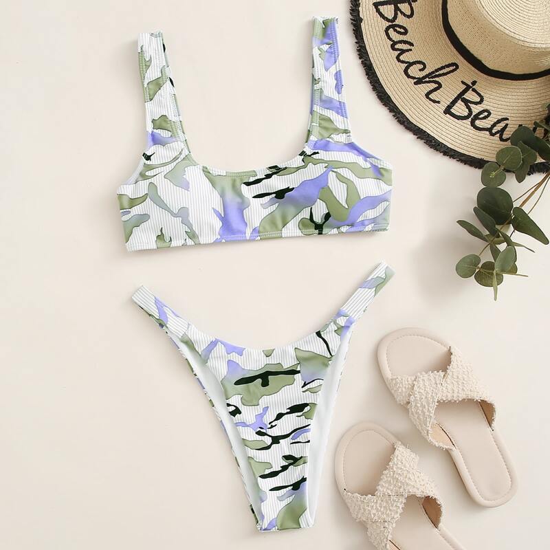 

Camouflage High Leg Bikini Swimsuit, Multicolor