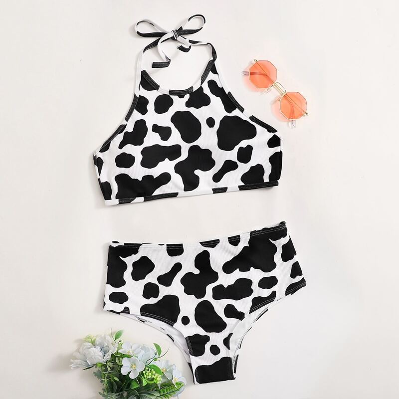 

Cow Print Halter Bikini Swimsuit, Black and white