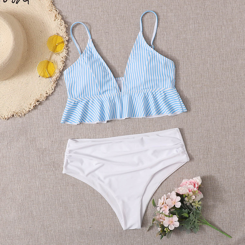 

Striped Ruffle Hem Bikini Swimsuit, Multicolor