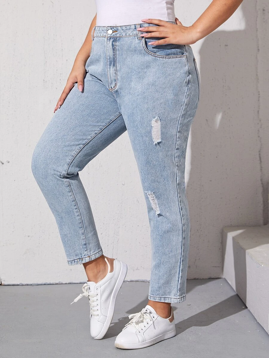 Jeans mom rotos con lavado - Azul - Ver 1
