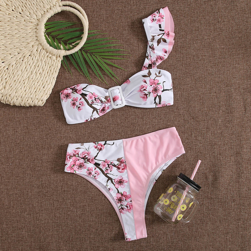 

Floral Ruffle One Shoulder Bikini Swimsuit, Multicolor