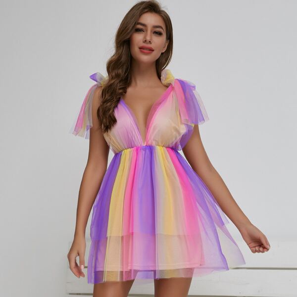 

SBetro Knot Straps Colorful Striped Mesh Tiered Dress, Multicolor