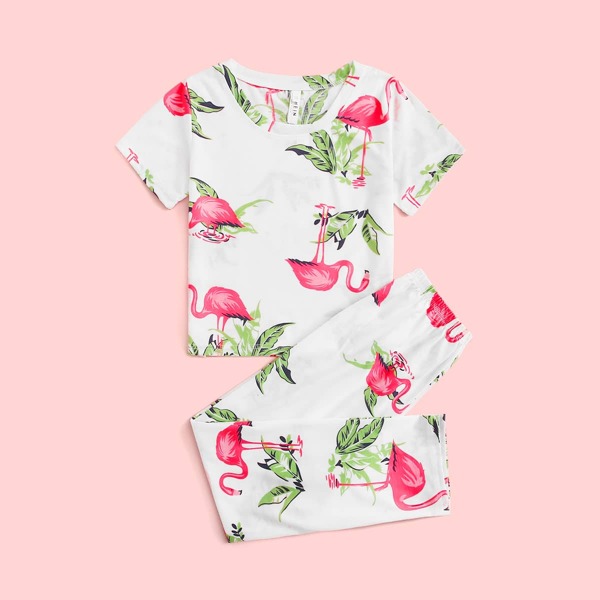 

Girls Flamingo & Tropical Print PJ Set, White