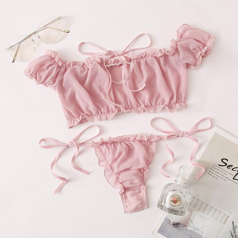 

Frill Trim Bardot Chiffon Lingerie Set, Baby pink