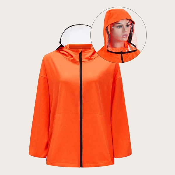 

Waterproof Windbreaker Jacket With Hooded Removable Transparent Face Mask, Orange bright