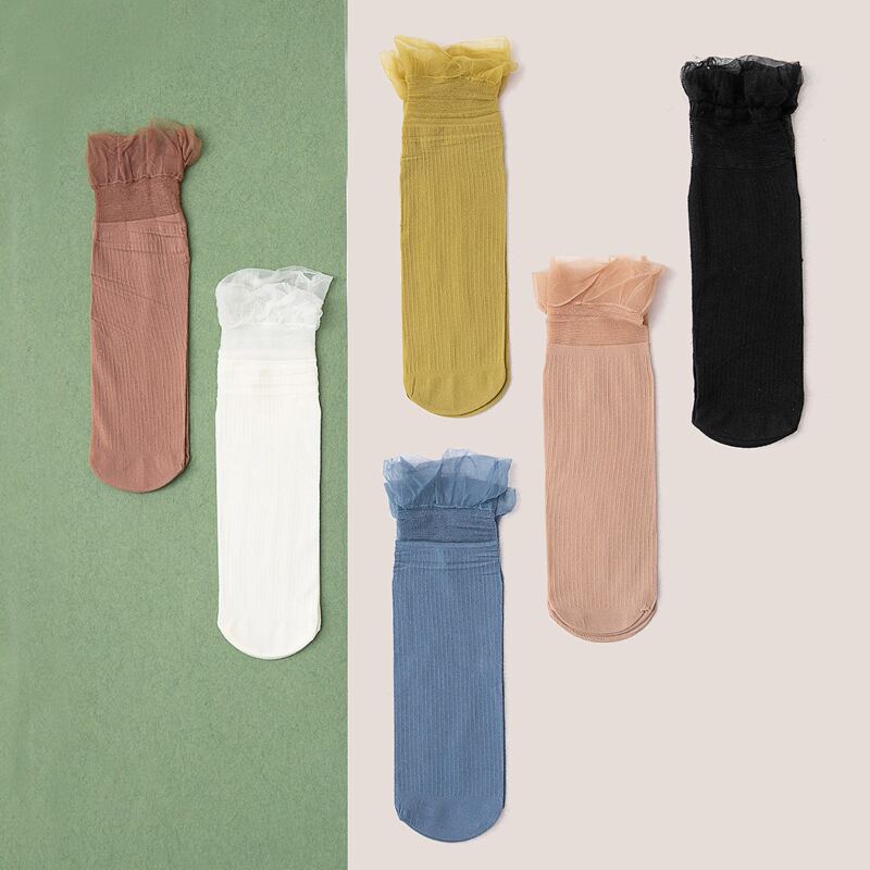 

6pairs Lace Trim Socks, Multicolor