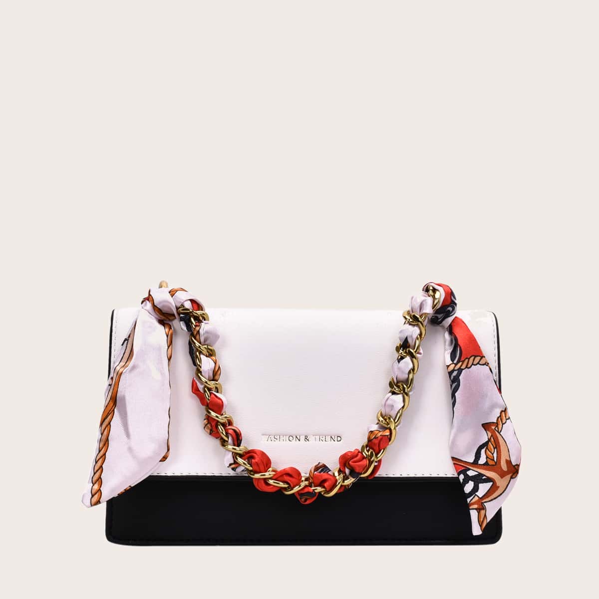

Twilly Scarf Decor Colorblock Satchel Bag, Black and white