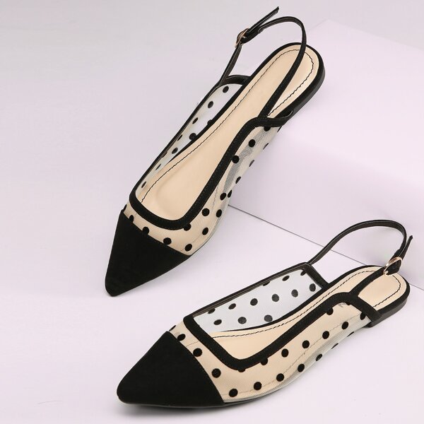 

Pointed Toe Polka Dot Mesh Slingback Flats, Black