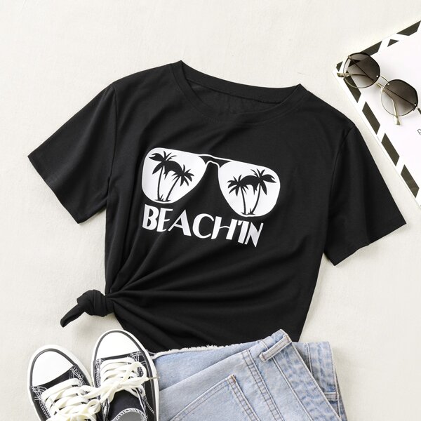 

Sunglass & Letter Graphic Tee, Black