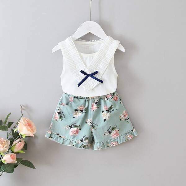 

Toddler Girls Pleated Trim Top & Floral Print Shorts, Multicolor