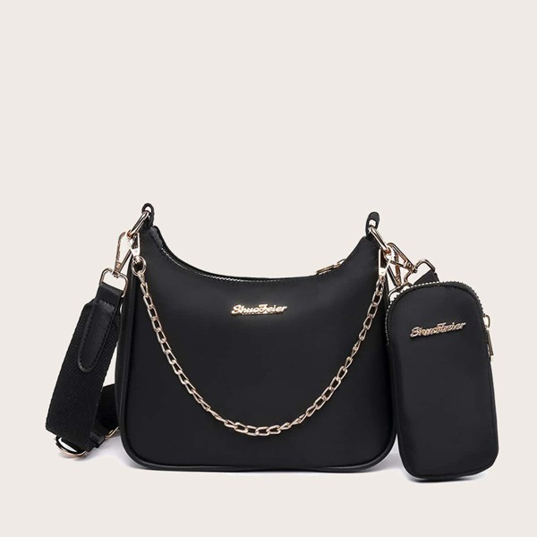 

Metal Letter Patch Satchel Bag With Inner Pouch, Black