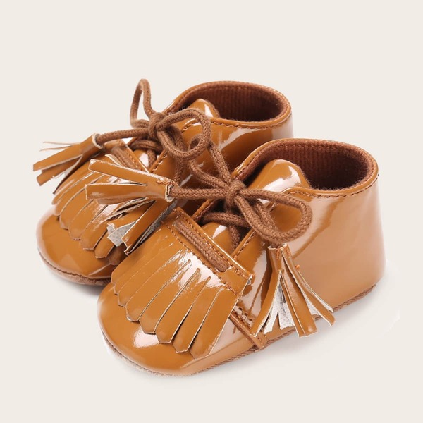 

Baby Girls Fringe Decor Lace-up Front Flats, Brown