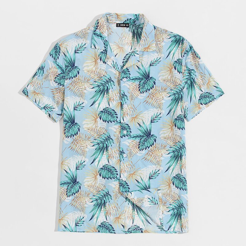 

Guys Button Front Tropical Print Shirt, Blue