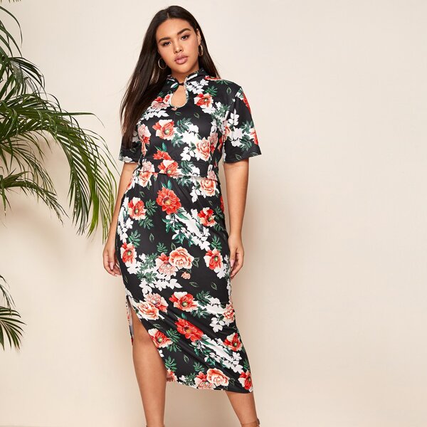 

Plus Floral Mandarin Collar Top With Split Skirt, Multicolor