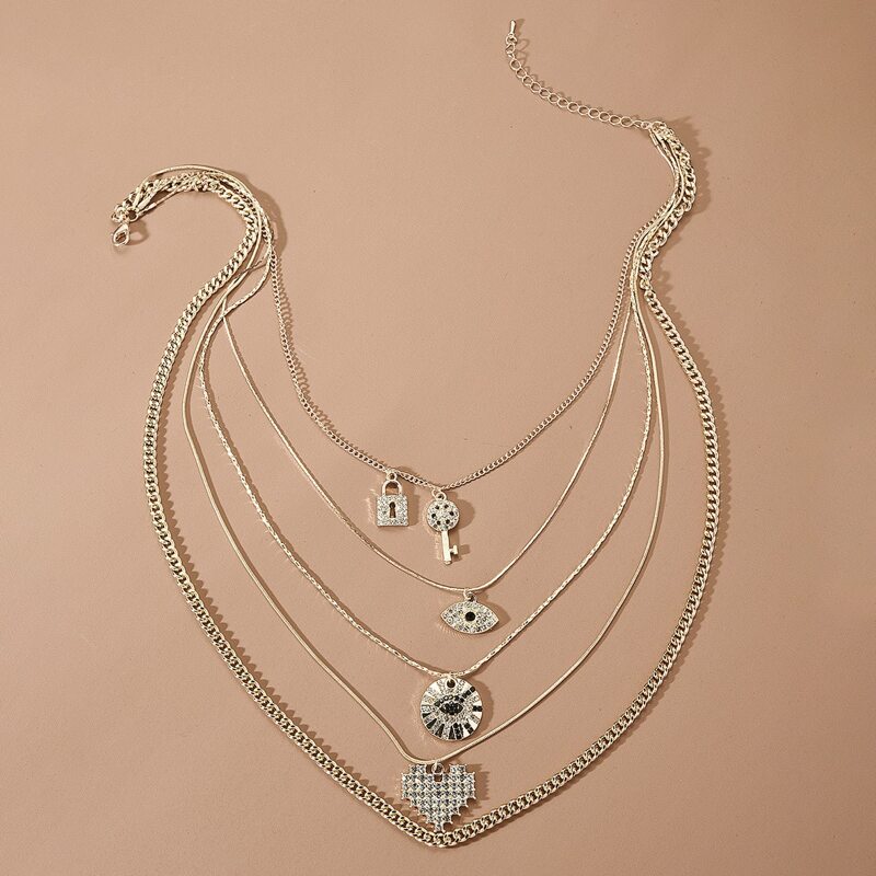 

Layered Heart Decor Charm Necklace, Gold