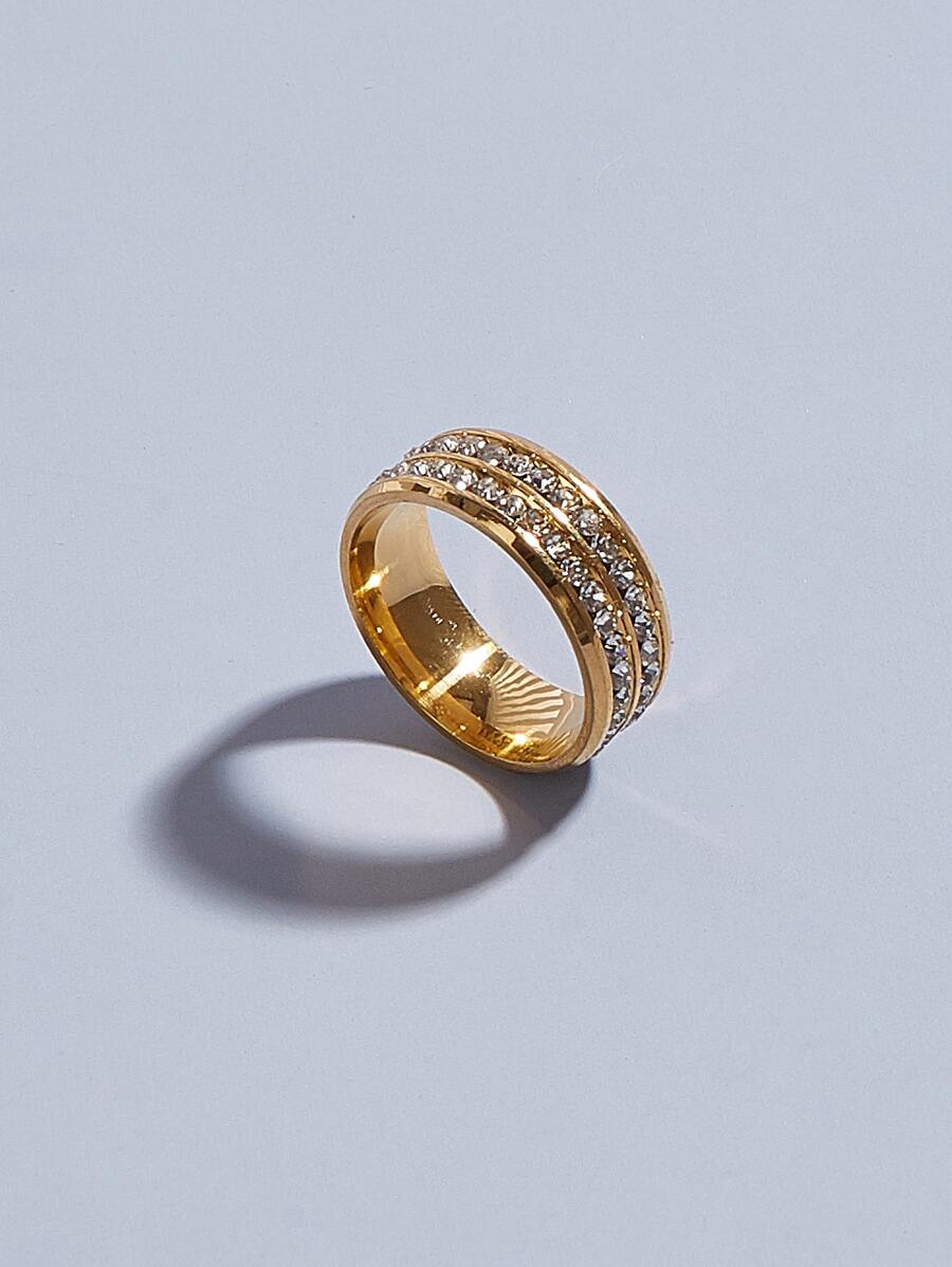 男士不銹鋼戒指時尚休閒浪漫不銹鋼雙排方晶鋯石戒指適用於訂婚婚禮 - 金黃色 - 查看 1