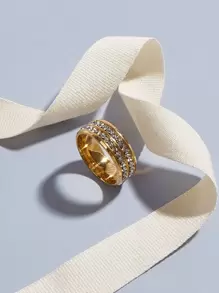 男士不銹鋼戒指時尚休閒浪漫不銹鋼雙排方晶鋯石戒指適用於訂婚婚禮 - 金黃色 - 查看 3