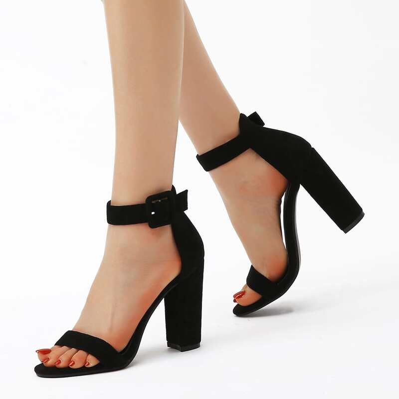 

Open Toe Ankle Strap Chunky Heels, Black