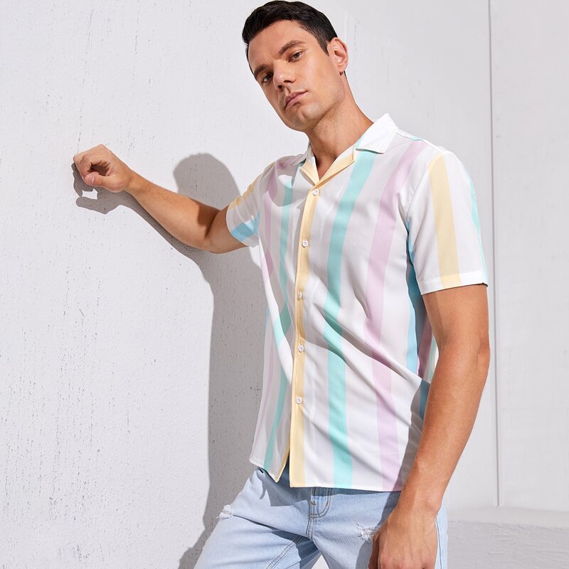

Guys Button Front Striped Shirt, White