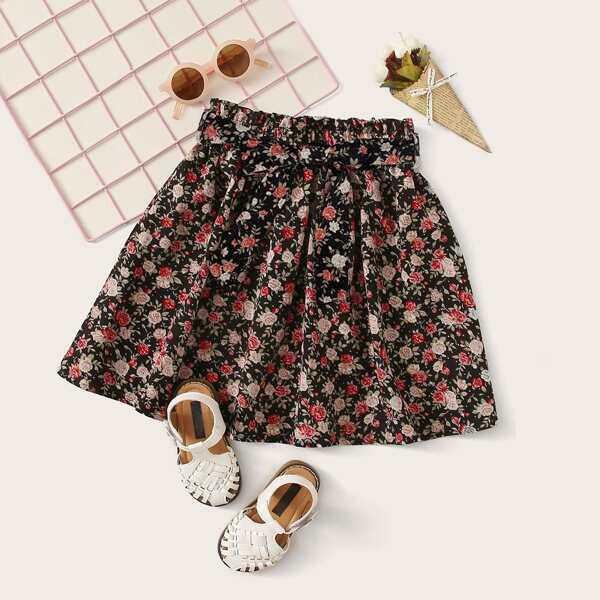 

Girls Paperbag Waist Belted Floral Skirt, Multicolor