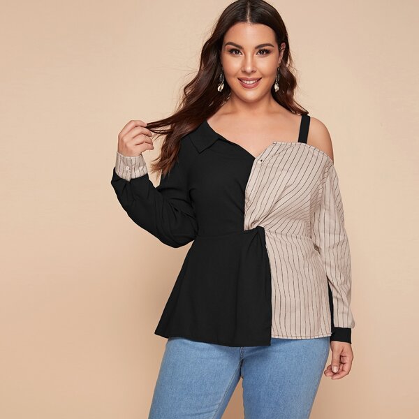 

Plus Asymmetrical Neck Twist Front Two Tone Striped Top, Multicolor